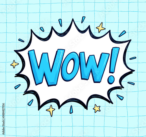 Blue Wow! Speech Bubble with Stars on Light Blue Grid Paper