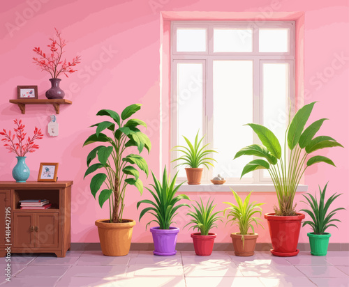 Bright Indoor Oasis: Pink Walls, Potted Plants, Sunlit Window, Cozy Wood Cabinet, Red Blooms