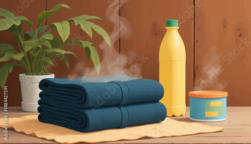 Calm Morning Essentials: Blue Towels, Orange Juice, Green Plant, Wooden Background