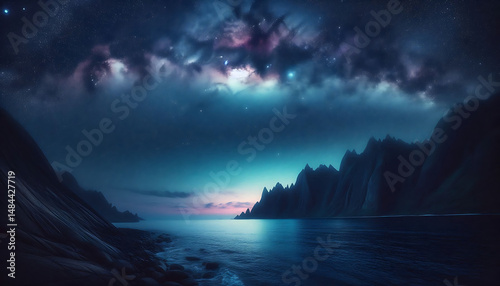 Celestial Embrace: Night Sky over Dramatic Coastal Mountains