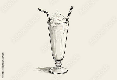 Classic Milkshake in Tall Glass with Whipped Cream and Straws