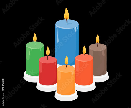 Colorful Candles Illuminating Serenity: Blue, Green, Red, Orange, Brown on Black Background