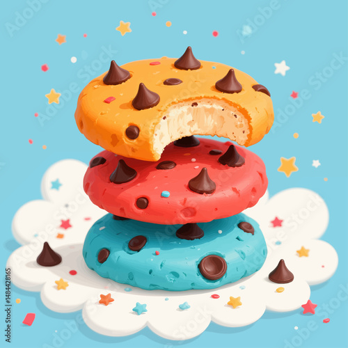Colorful Donuts Stacked on Clouds with Chocolate Chips and Stars