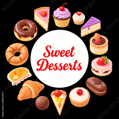 Colorful Desserts Circle Black Background Sweet Treats