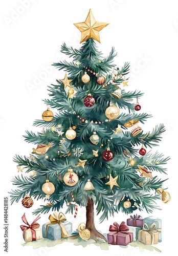 A Christmas tree adorned with toys set against a white background in a clip art style with a watercolor aesthetic The scene has a cute and dreamy quality with rich details and a light green tone