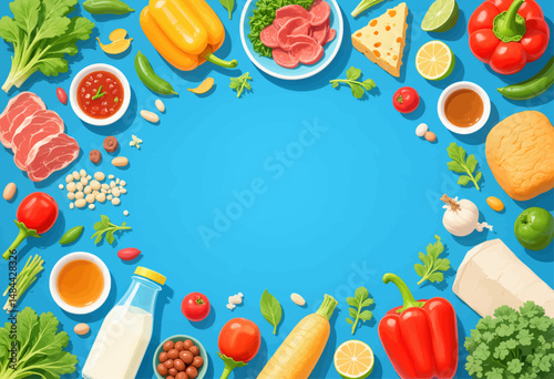 Colorful Food Ingredients on Blue Background