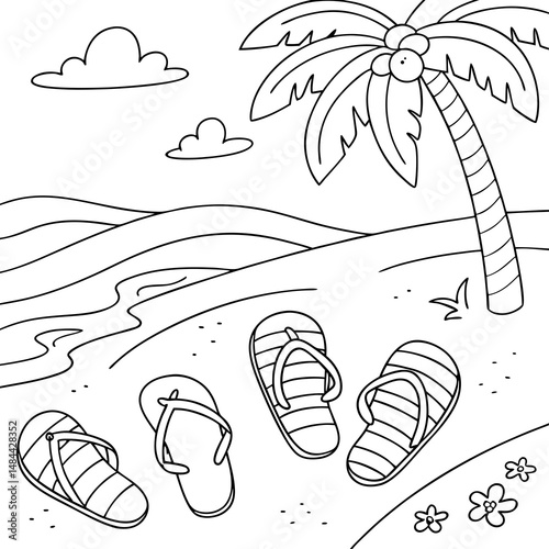 Cute colorful flip-flop scattered on sandy shores cartoon coloring page vector illustration. Summer coloring page for kids