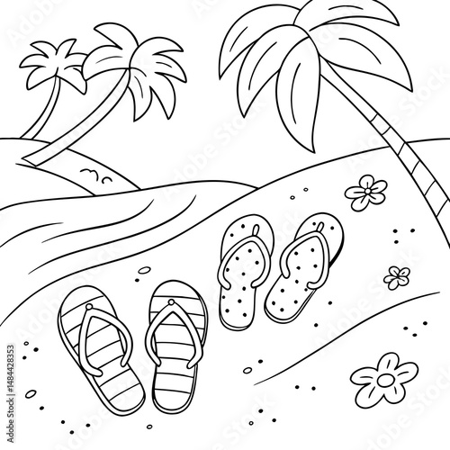 Cute colorful flip-flop scattered on sandy shores cartoon coloring page vector illustration. Summer coloring page for kids