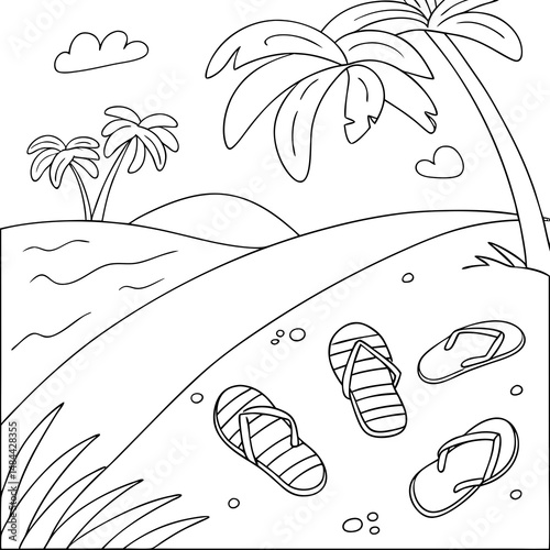 Cute colorful flip-flop scattered on sandy shores cartoon coloring page vector illustration. Summer coloring page for kids