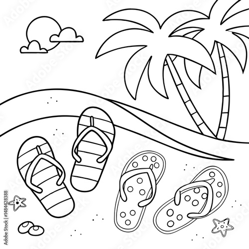 Cute colorful flip-flop scattered on sandy shores cartoon coloring page vector illustration. Summer coloring page for kids