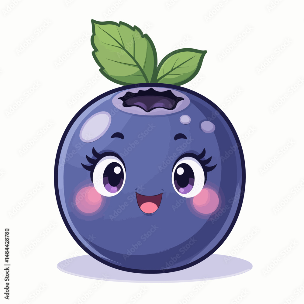 Obraz premium Cute Blueberry Character with Green Leaves Smiling Happily