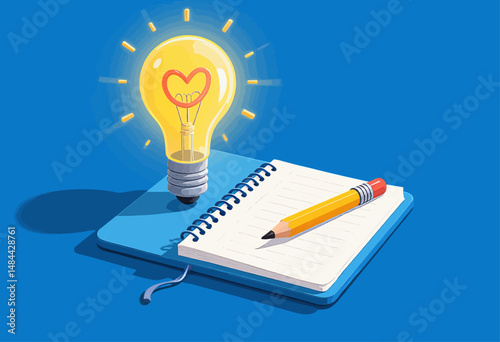 Creative Inspiration Lightbulb Notebook Pencil Ideas Blue Sky Concept