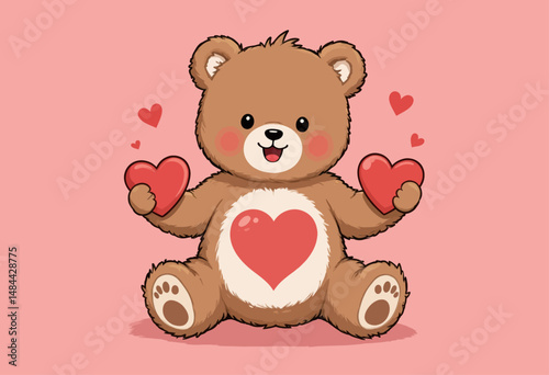 Cuddly teddy bear holding hearts on pink background