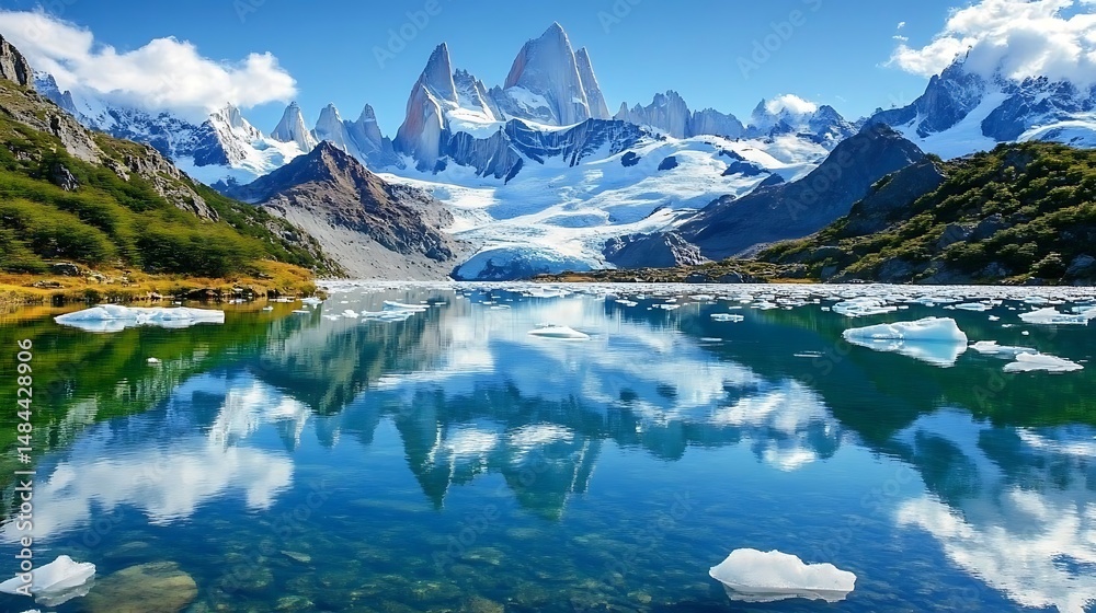 Fototapeta premium Majestic Fitz Roy stands with towering peaks and rugged terrain surrounded by wild nature a place for adventure and awe inspiring views capturing the true concept.
