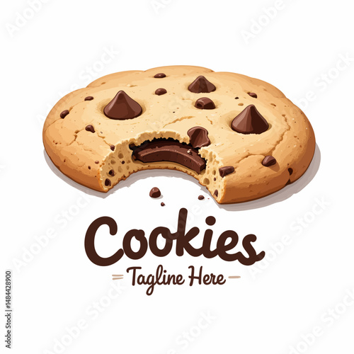 Delicious Chocolate Chip Cookie with Bite, Brown Text, White Background