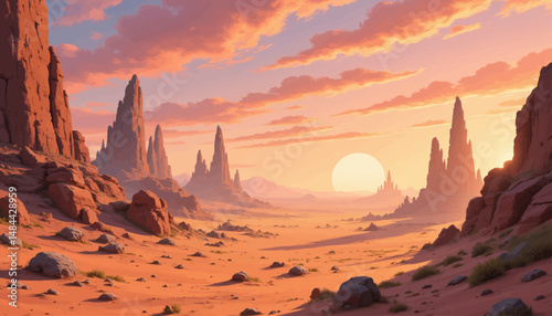 Desert Sunset with Towering Rocks and Warm Orange Skies