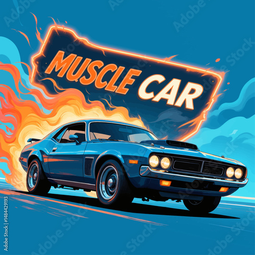Dynamic Muscle Car Speeding with Fire Trail at Dusk