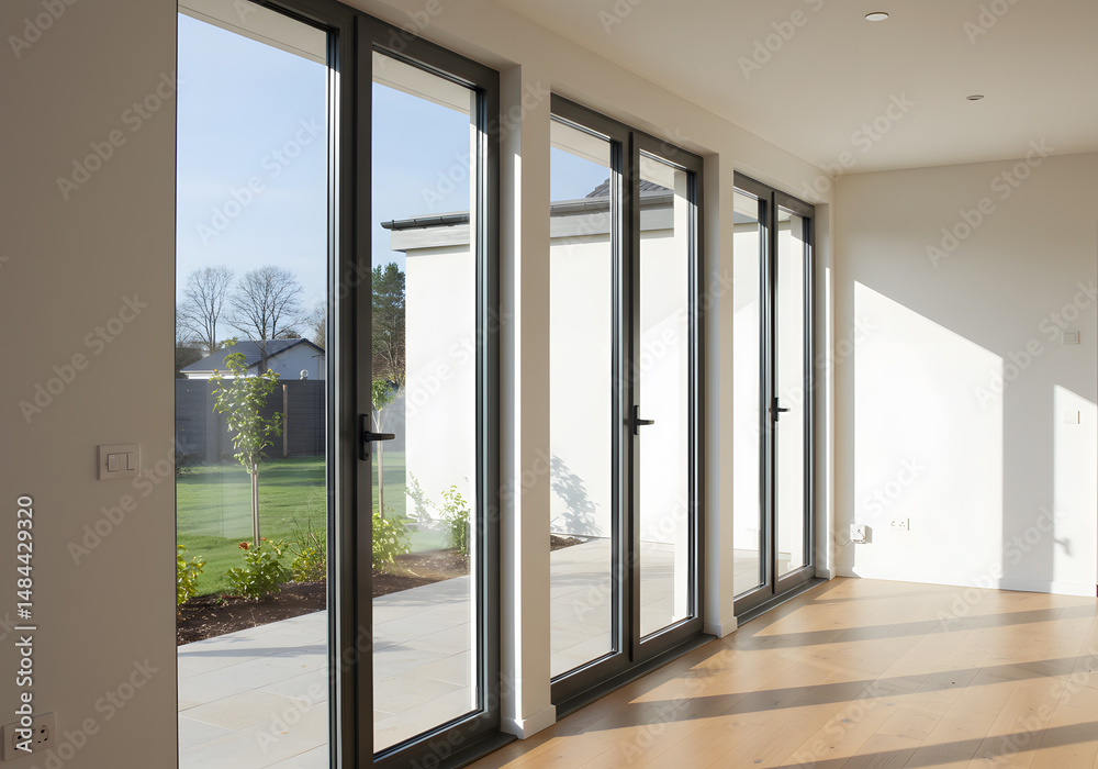 Fototapeta premium Modern interior with glass doors bright room and outdoor view