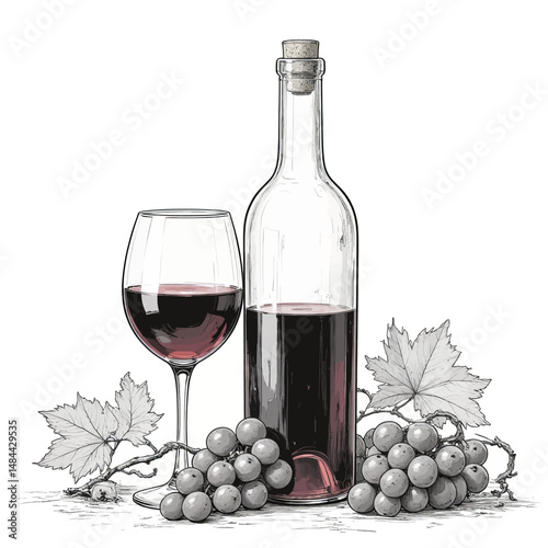 Elegant Wine Bottle and Glass with Grapes and Leaves