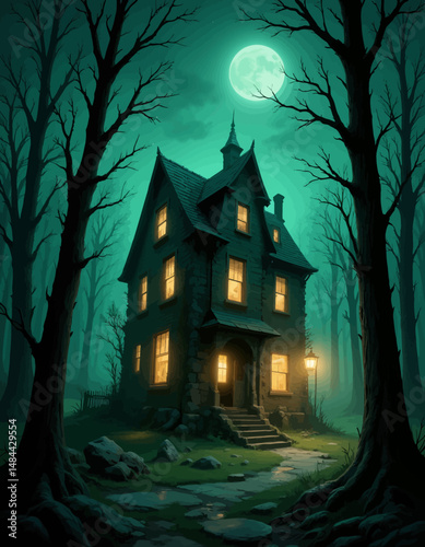 Enchanted Cottage in Forest Moonlight with Barren Trees