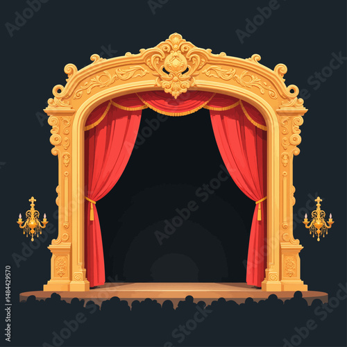 Elegant Theatre Stage with Gold Frame and Red Curtains