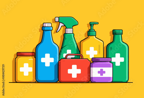 First Aid Essentials: Colorful Medical Supplies on Bright Yellow Background