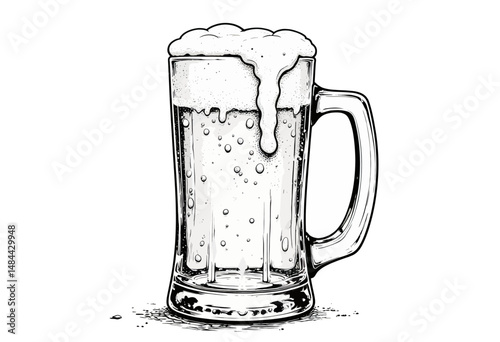 Frothy Beer Mug Overflowing on White Background