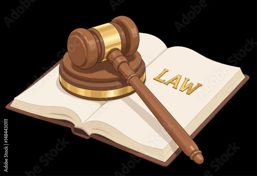 Gavel and Law Book Justice Symbol on Black Background