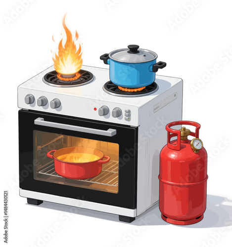 Gas Stove Cooking Scene: Blue Pot, Red Casserole, Oven Heat, Red Gas Cylinder