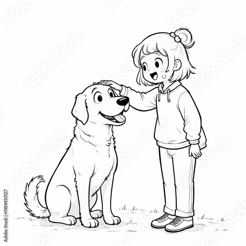 Girl and Dog Bonding in Park, Joyful Interaction, Black and White Sketch, Friendly Pup, Casual Outfit