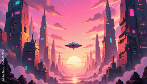 Futuristic Cityscape at Sunset with Flying Spaceship