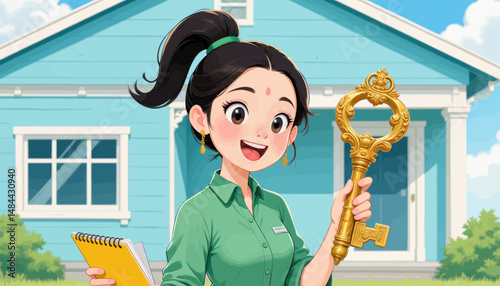 Happy Real Estate Agent Holding Golden Key Blue House Notebook
