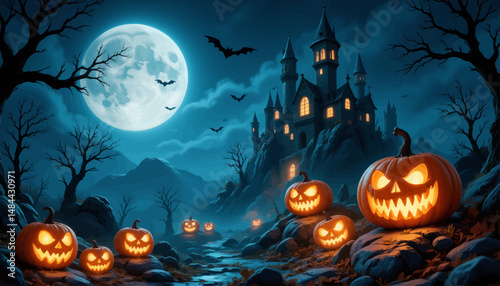 Haunted Castle Moonlit Night with Jack-o'-Lanterns