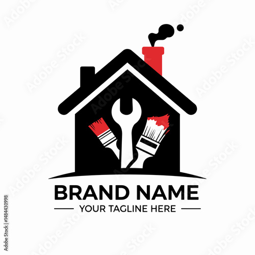 Home Renovation Logo Design Minimalist Black White Red Tools Brushes House Chimney