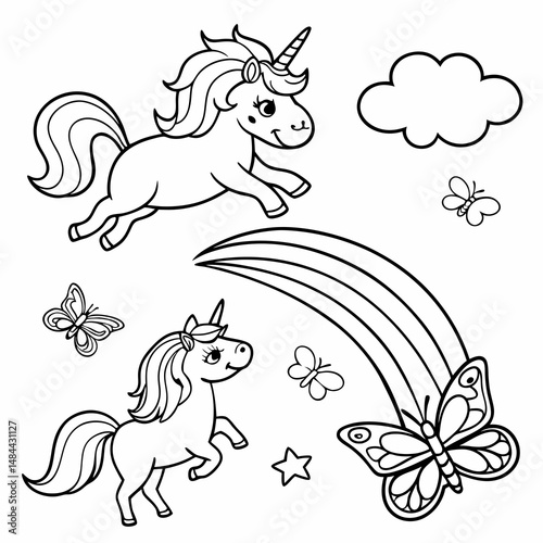 Cute little unicorn, pony in the sky with butterflies. Black and white linear drawing. For children's design of coloring books, prints, posters, cards, stickers, tattoos, etc. Vector illustration
