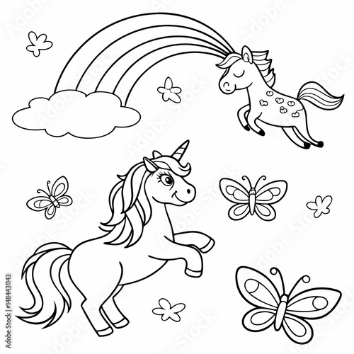 Cute little unicorn, pony in the sky with butterflies. Black and white linear drawing. For children's design of coloring books, prints, posters, cards, stickers, tattoos, etc. Vector illustration