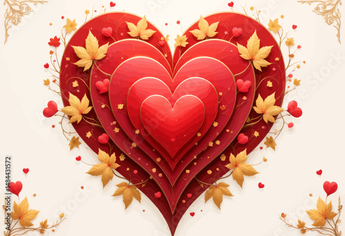 Lush Red Hearts with Golden Leaves in Autumnal Warmth