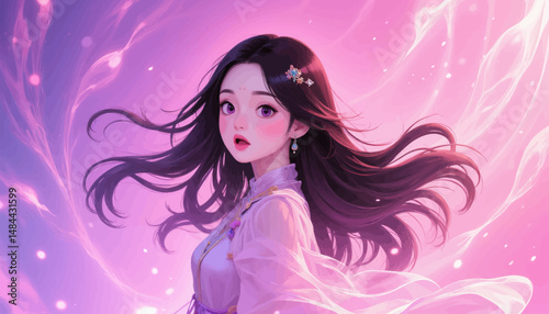 Magical Girl with Long Hair in Dreamy Pink Sky