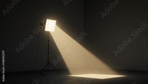 Minimalist Light Spotlight on Tripod in Dark Room with Golden Beam