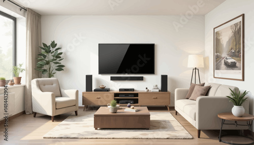 Modern Living Room with Neutral Tones and Greenery Under Natural Light