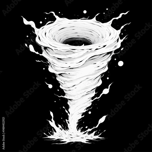 Monochrome Tornado Swirl in Stormy Night Sky with Splash Effects