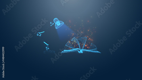 A holographic book emitting light and particles, representing knowledge, creativity, and modern education technology.