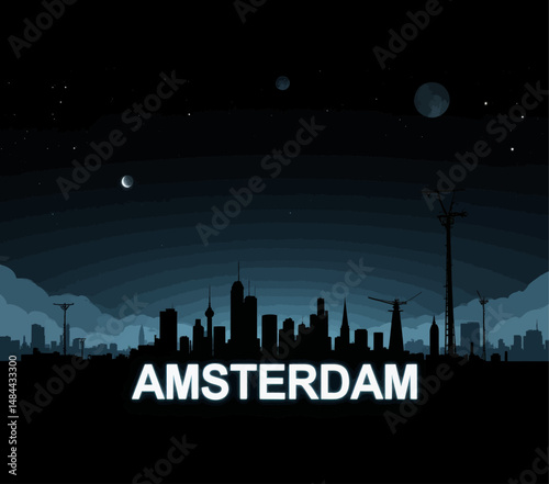 Night Skyline of Amsterdam with Moon Silhouette and Stars