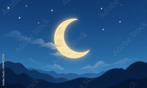 Night Sky Serenity: Crescent Moon, Stars, Mountain Silhouettes, Calm Clouds