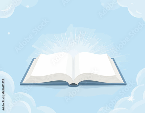 Open Book in Sky with Sunbeams and Clouds