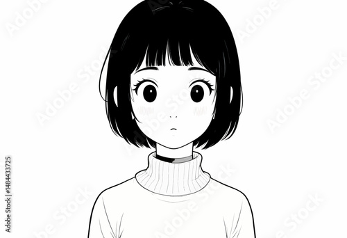 Pensive Anime Girl in Turtleneck with Short Bob Haircut