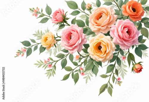 Pastel Roses Bouquet with Greenery on White Background