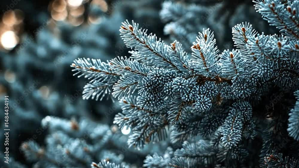 Close-up of a blue spruce tree branch, showcasing its textured needles and subtle bokeh background