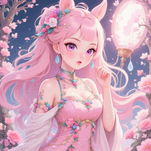 Pink Haired Girl in Floral Dress Under Cherry Blossoms at Night