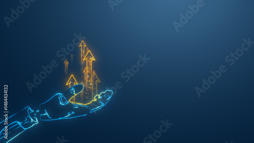 A glowing hand supports ascending arrows, representing growth, innovation, and progress in a digital world.